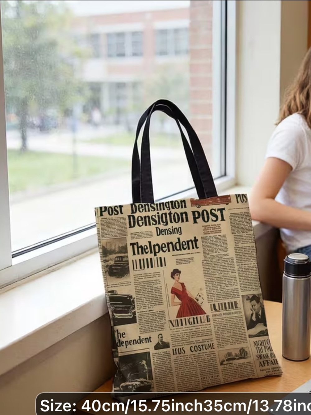 Newspaper-Print Canvas Tote Bag in Beige and Black